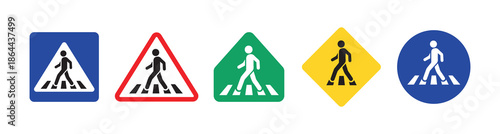 Professional Pedestrian Crossing Signs Set with Multi-Color Traffic Symbols - High Contrast Vector Road Safety and Crosswalk Graphic