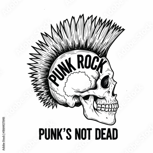 Iconic Punk Rock Skull with Mohawk and "Punk's Not Dead" Slogan - Bold Graphic Design.