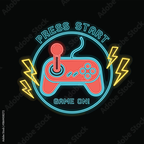 Neon Retro Game Controller with Buttons and Joystick, Electric Lightning Bolts, "Press Start" and "Game On!" - Digital Art.