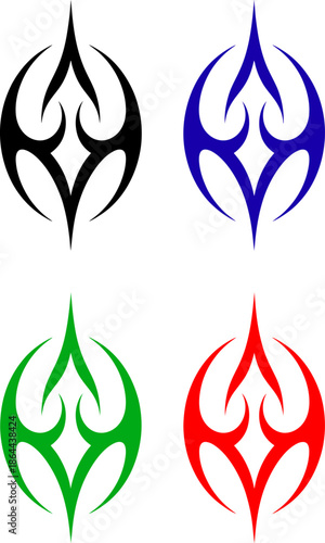 Color variation set of tribal flame tattoo symbols in black, blue, green, and red vector styles.