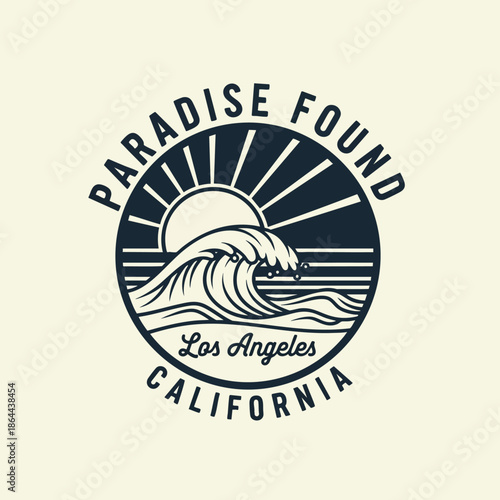 Retro California Surfing Emblem: Paradise Found Los Angeles Beach Wave Sun Vintage Logo.