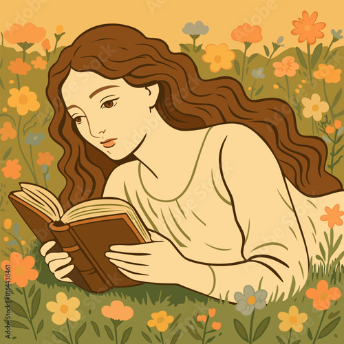 Serene dreamy woman lying on floral meadow and reading book, surrounded by lush green grass and flowers. Vector illustration