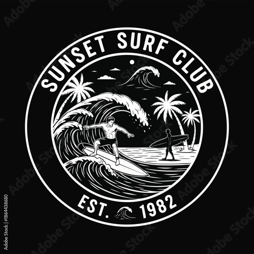 Retro Sunset Surf Club Emblem with Surfer on Wave and Palm Trees.