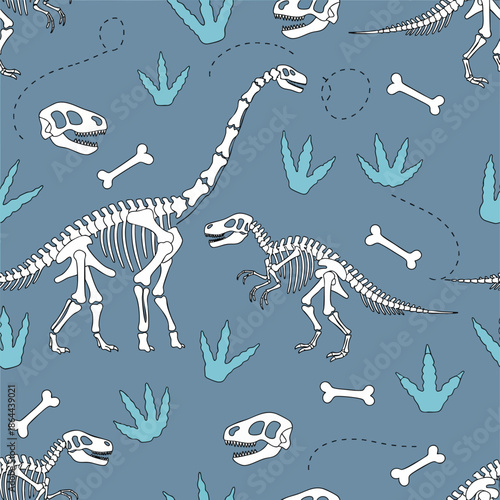 Seamless Pattern of Dinosaur Skeletons and Fossils - Perfect for Kids' Decor and Educational Content.