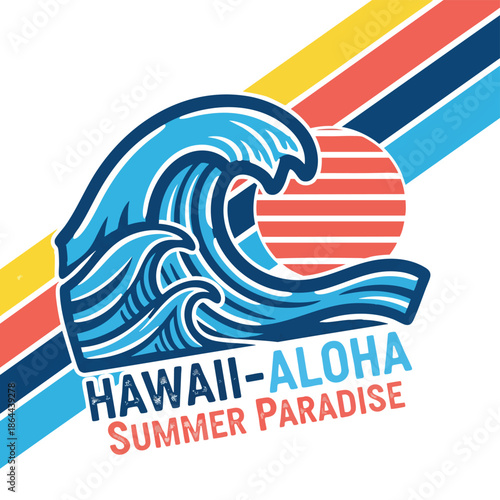 Summer Vacation Hawaii Aloha Tropical Beach Wave and Sun Graphic Design.