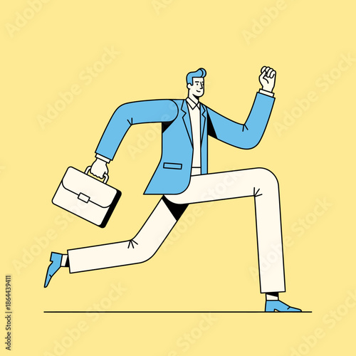Businessman character in a dynamic scene, rushing to a meeting with a briefcase, full of energy and determination