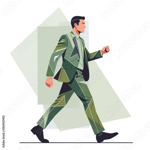 A dynamically illustrated character, embodying determination and modern professionalism, strides confidently across an abstract geometric scene