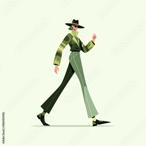 A contemporary and stylish character confidently strides through a minimalist scene, showcasing a unique fashion sense and dynamic pose, perfect for modern design projects and visual narratives