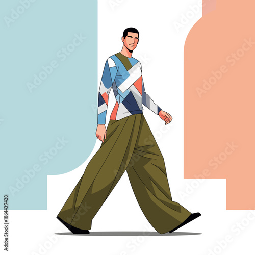 A character walking in a stylish scene, showcasing a geometric patterned sweater and wide-leg trousers