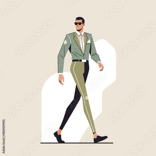 A stylish and confident business character strides through a minimalist scene, showcasing modern elegance and professional demeanor in a dynamically illustrated design