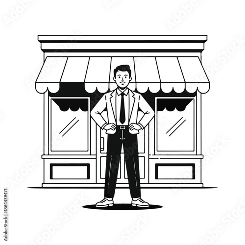 Man in suit standing confidently in front of storefront with awning shirt pants