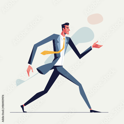 Business character in a dynamic scene with a speech bubble, representing a confident stride forward