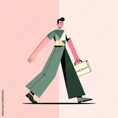 A dynamic and modern business character moving forward with a briefcase, set against a two-tone abstract scene, perfect for corporate and professional themes