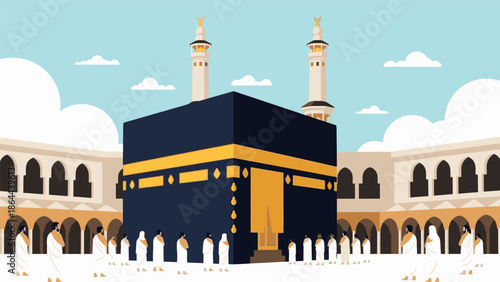 Worshipers performing sacred pilgrimage rituals around the Kaaba in Mecca illustration.