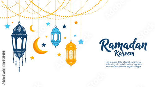 Festive Ramadan Kareem greeting with traditional lanterns, moons, and stars vector illustration