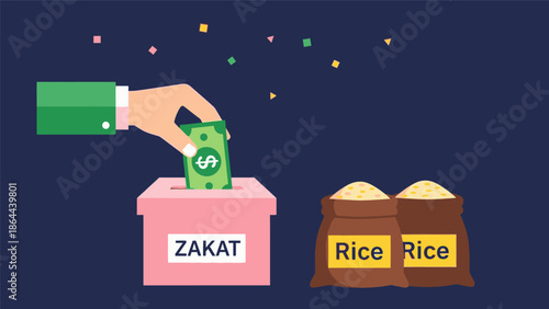 Hand donating money into a Zakat box, representing religious charity and food aid graphic.