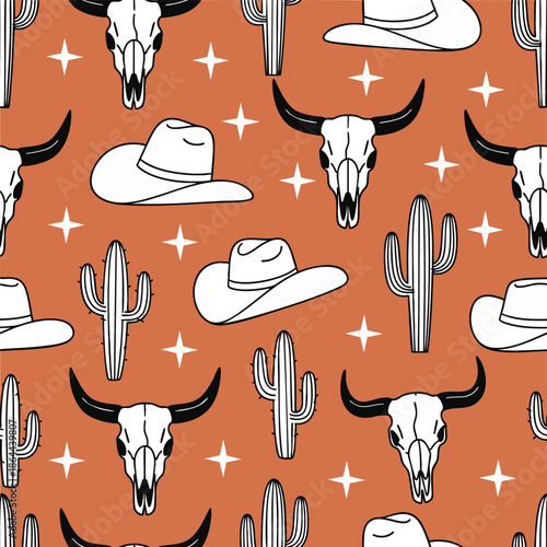 Wild West Themed Seamless Pattern with Skull, Cactus and Cowboy Hat on Orange Background.