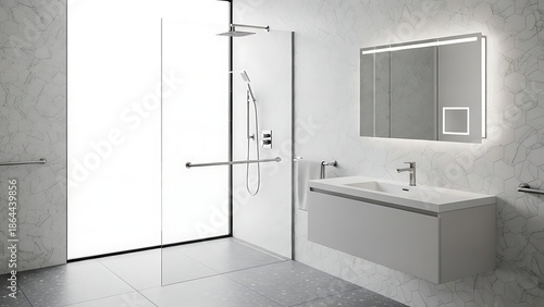 Modern Bathroom Interior with Sleek Vanity and Illuminated Mirror.