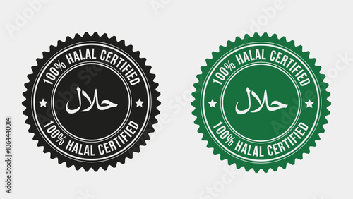 Two 100% Halal Certified food safety emblems for religious dietary compliance
