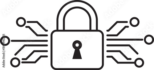 Minimal padlock with electronic circuit lines symbolizing cybersecurity data protection privacy and secure digital networks