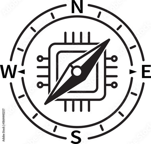 Digital compass microchip navigation icon representing technology direction concept