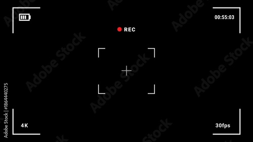 Recorder screen overlay with alpha channel 4K Video showing focus frame and REC indicator. Ideal for screen recording UI tutorials streaming HUD and digital video editing projects.