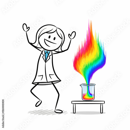 A woman scientist happily conducting a colorful experiment in a laboratory setting with a beaker on a table