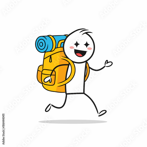 A cartoon character with a backpack is walking forward happily