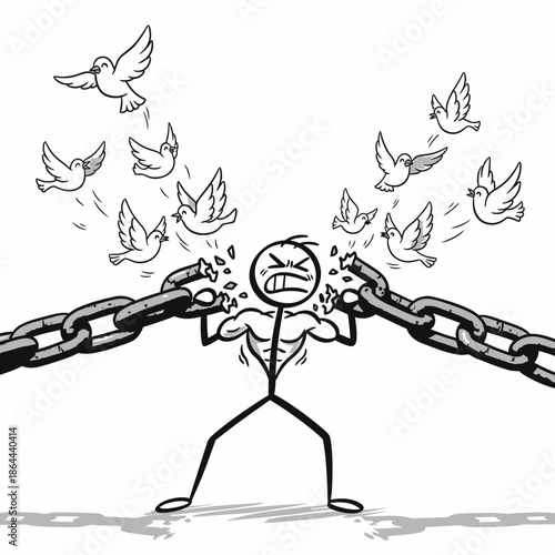 A person struggling to break free from chains surrounded by flying birds in a tense scene