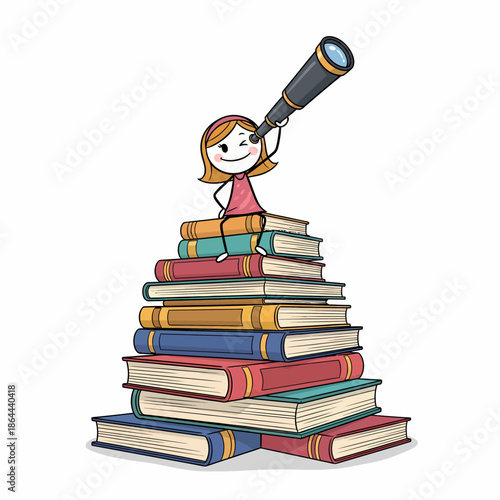 A young girl standing on a pile of books, exploring the world through a telescope, surrounded by literature and learning, in a whimsical setting, from a straightforward viewpoint.