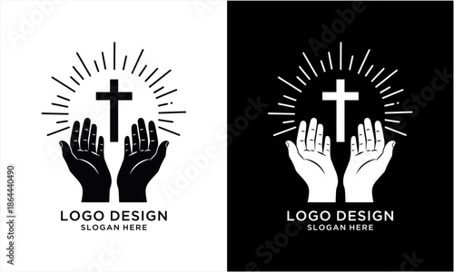 Praying Hands with Cross and Radiant Light Logo Design.