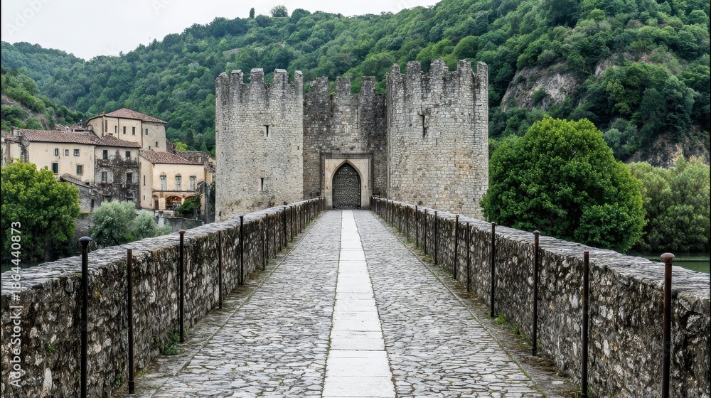 Obraz premium A paved walkway stretches through a stone arch bridge, with ancient stone fortifications and lush greenery rising up the surrounding hills.