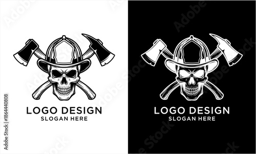 Skull with Firefighter Helmet and Crossed Axes Logo Design.