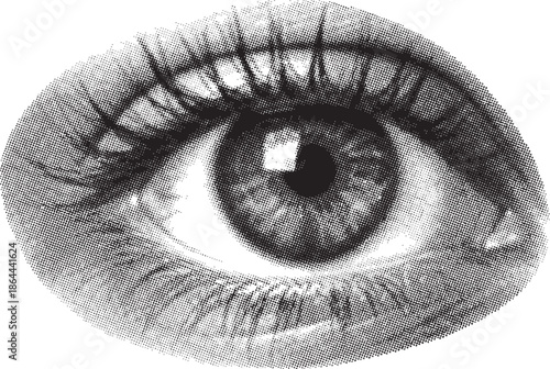 A mysterious and textured black and white rendition of a human eye, capturing detailed vision