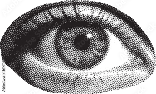 A striking black and white depiction of a human eye with a dotted texture