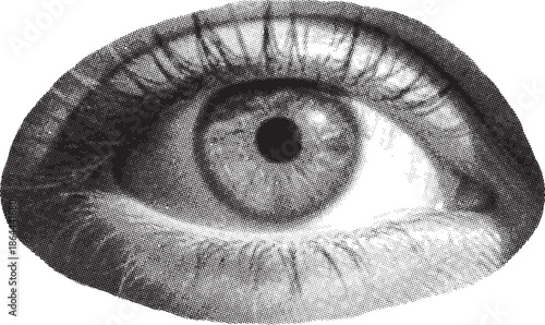 Detailed close-up of a human eye rendered in a vintage black and white illustration style