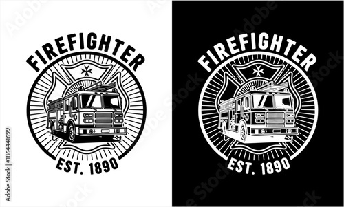 Vintage Firefighter Emblem with Fire Truck and Maltese Cross.