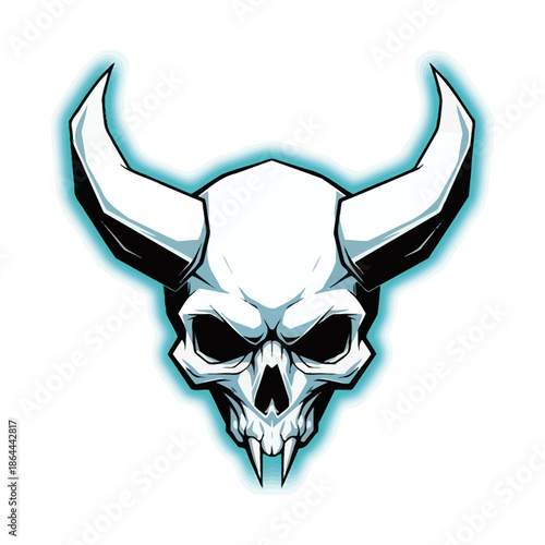 A stylized, menacing white skull with sharp horns and glowing blue accents, evoking a dark fantasy or horror theme.