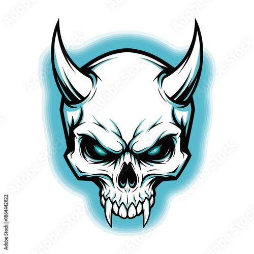 Stylized white skull with sharp horns, glowing blue eyes, and fangs, set against a light blue aura, depicting a menacing or demonic character.