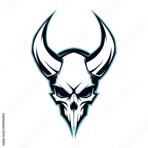 Stylized skull with large, sharp horns and glowing blue eyes, featuring a dark and edgy design perfect for gaming or fantasy themes.