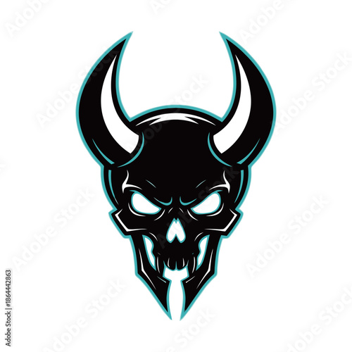 A menacing black skull with glowing blue eyes and sharp horns, representing a demonic entity.