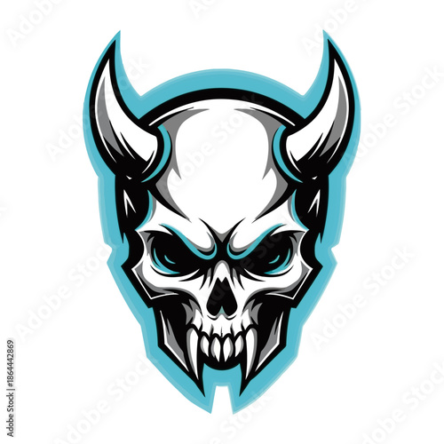 A fierce and stylized skull with sharp horns, glowing blue eyes, and fangs, designed as an esports or gaming mascot.