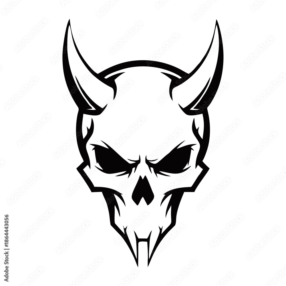 Fototapeta premium Stylized black and white horned skull graphic with an aggressive and menacing expression, featuring sharp lines and a bold outline.