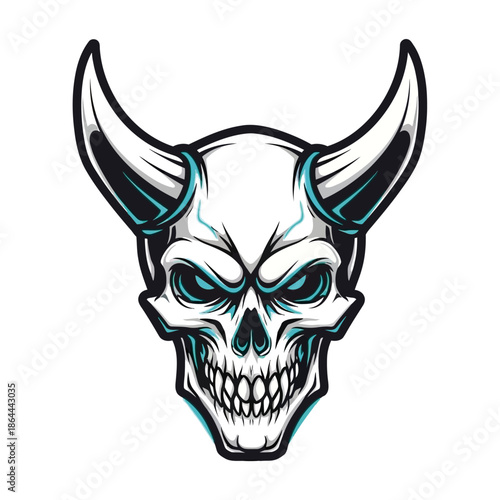 A menacing white skull with large, curved horns and glowing teal eyes, rendered in a detailed, graphic style.