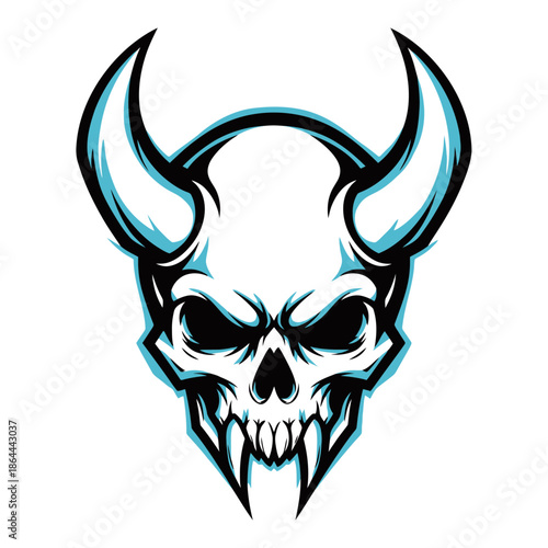 A stylized illustration of a demonic skull with sharp horns and glowing eyes, rendered in a dark, edgy aesthetic.