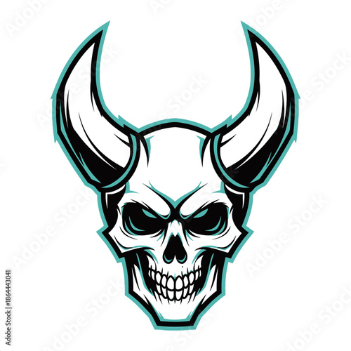 Stylized horned skull with glowing blue eyes and a menacing expression, outlined in teal, suitable for a mascot or logo design.