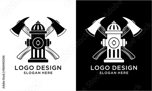 Firefighter emblem with crossed axes and a fire hydrant in a monochrome design.