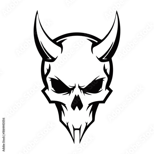 Stylized black and white horned skull graphic with an aggressive and menacing expression, featuring sharp lines and a bold outline.