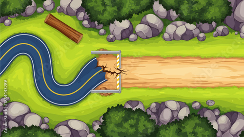 Top-down vector illustration of a winding asphalt road abruptly ending at a broken edge with safety barriers, transitioning into a brown dirt path amidst a green rocky landscape