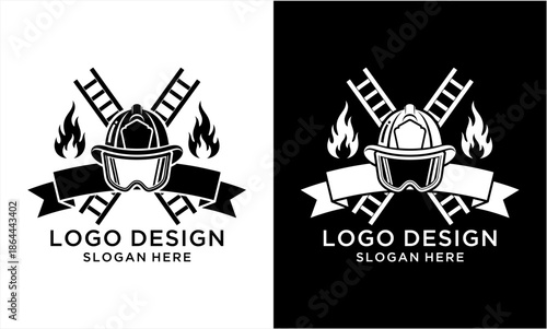 Firefighter helmet with crossed ladders and flames logo design.